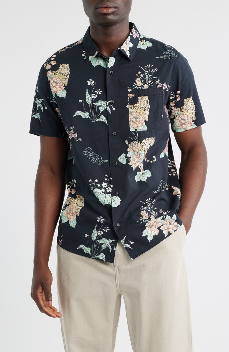 Roark Journey Floral Short Sleeve Button-Up Shirt, Main, color, Black
