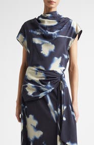 Lela Rose Abstract Floral Drape Crepe Top