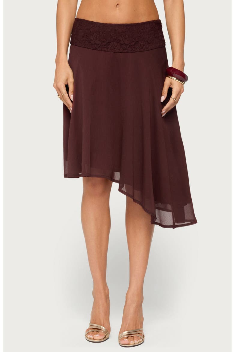Evia Lace Trim Asymmetric Midi Skirt, Main, color, PLUM