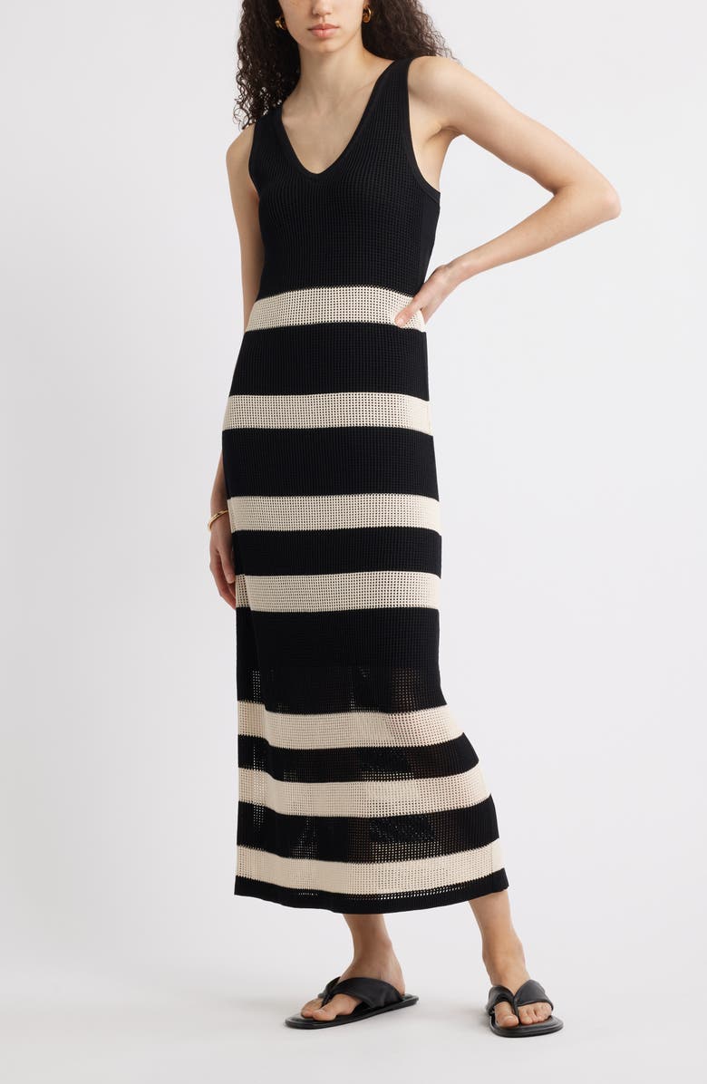 Nordstrom Sleeveless Open Stitch Maxi Sweater Dress, Main, color, Black- Ivory Stripe