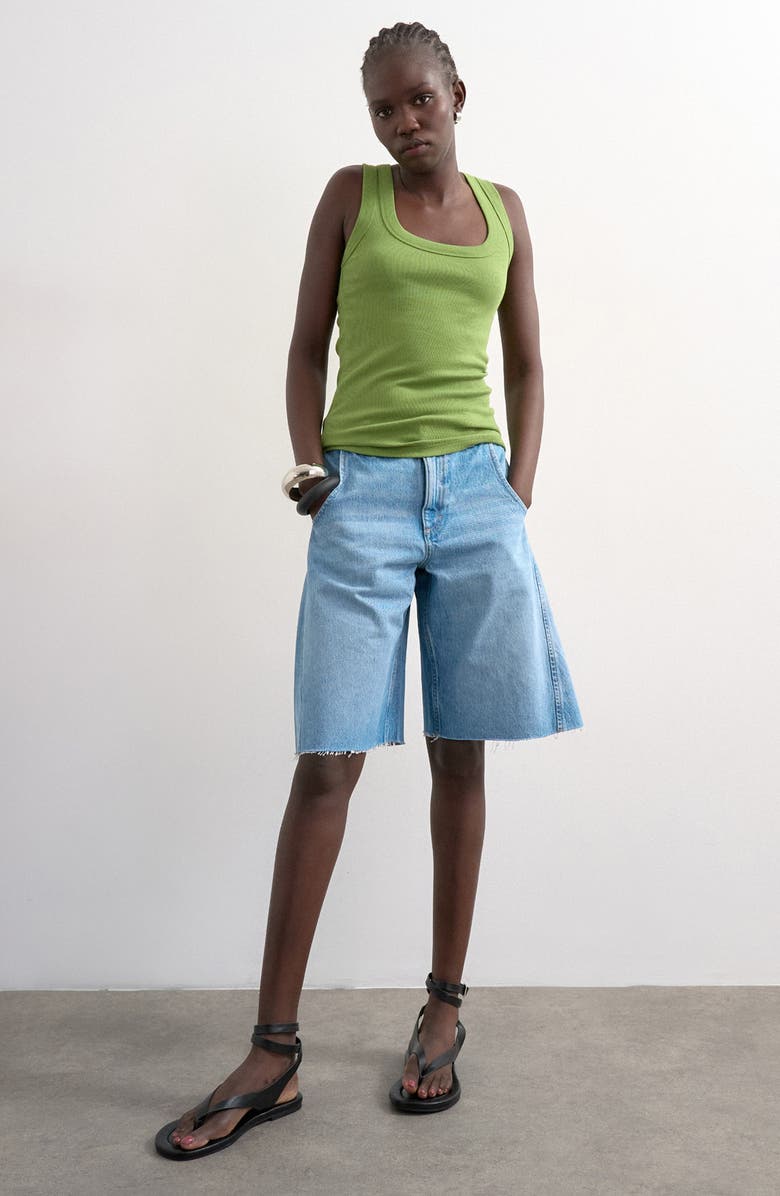 Topshop Square Neck Stretch Cotton Rib Tank, Alternate, color, Medium Green