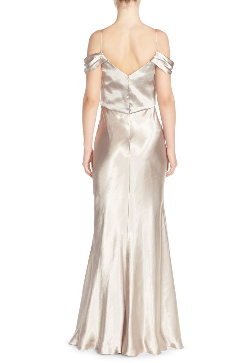 Sabine Draped Pleat Neck Charmeuse Gown, Alternate, color, LATTE