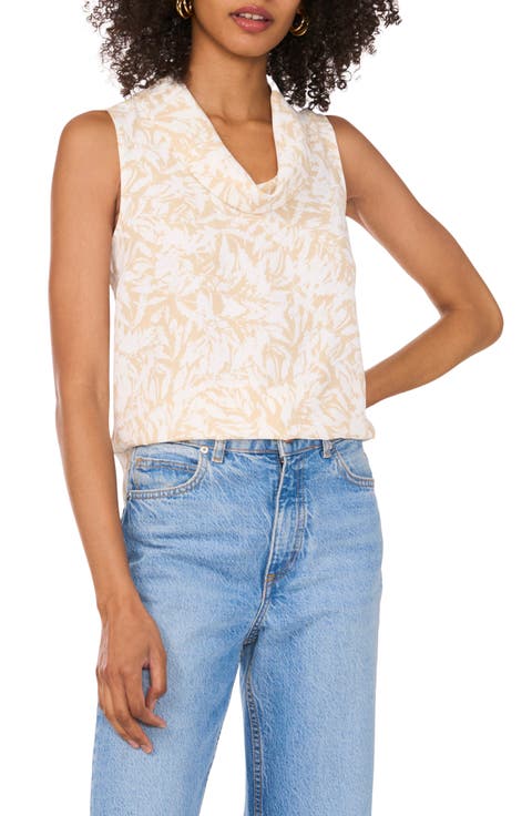 Leaf Print Sleeveless Cowl Neck Top