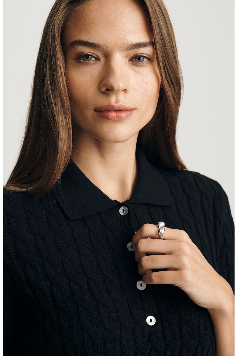 Cable Stitch Short Sleeve Cotton & Cashmere Polo Sweater, Alternate, color, BLACK