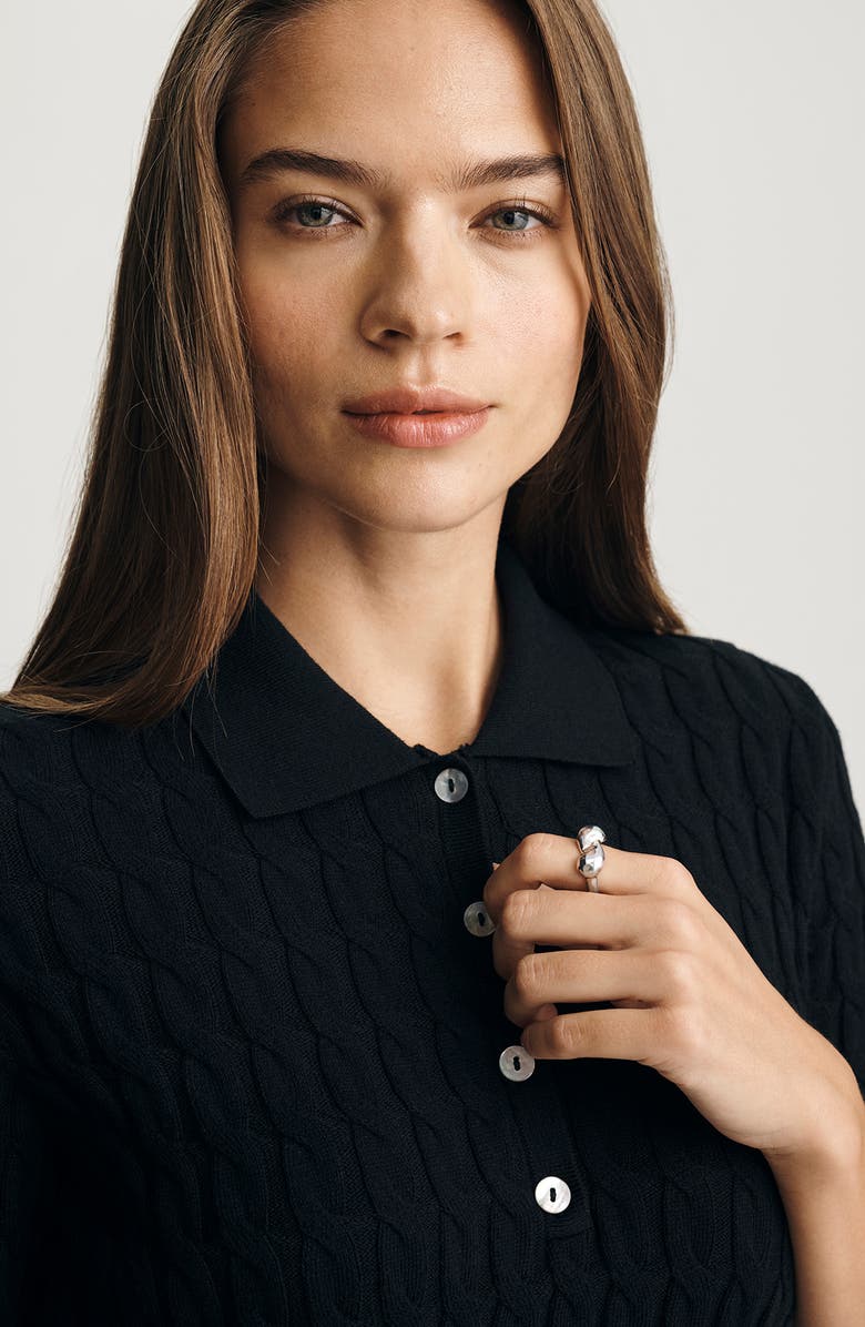 Mavi Jeans Cable Stitch Short Sleeve Cotton & Cashmere Polo Sweater, Alternate, color, Black