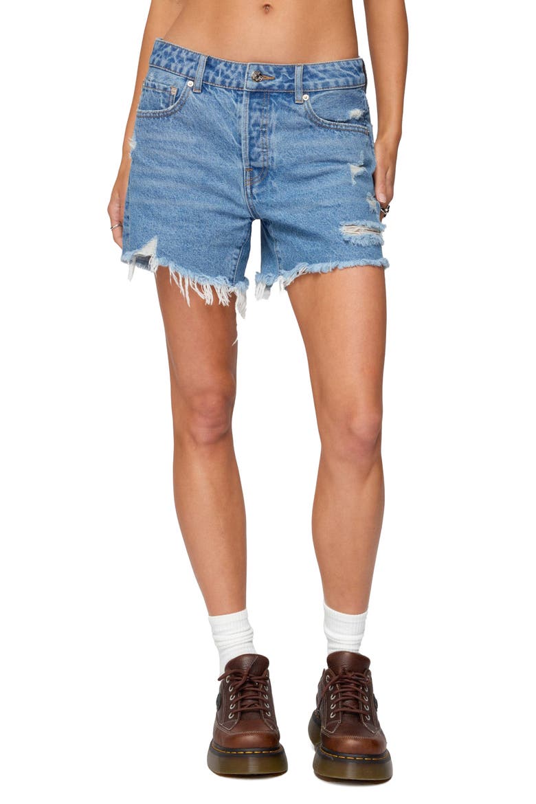Cale Distressed Low RIse Cutoff Denim Shorts, Main, color, BLUE-WASHED