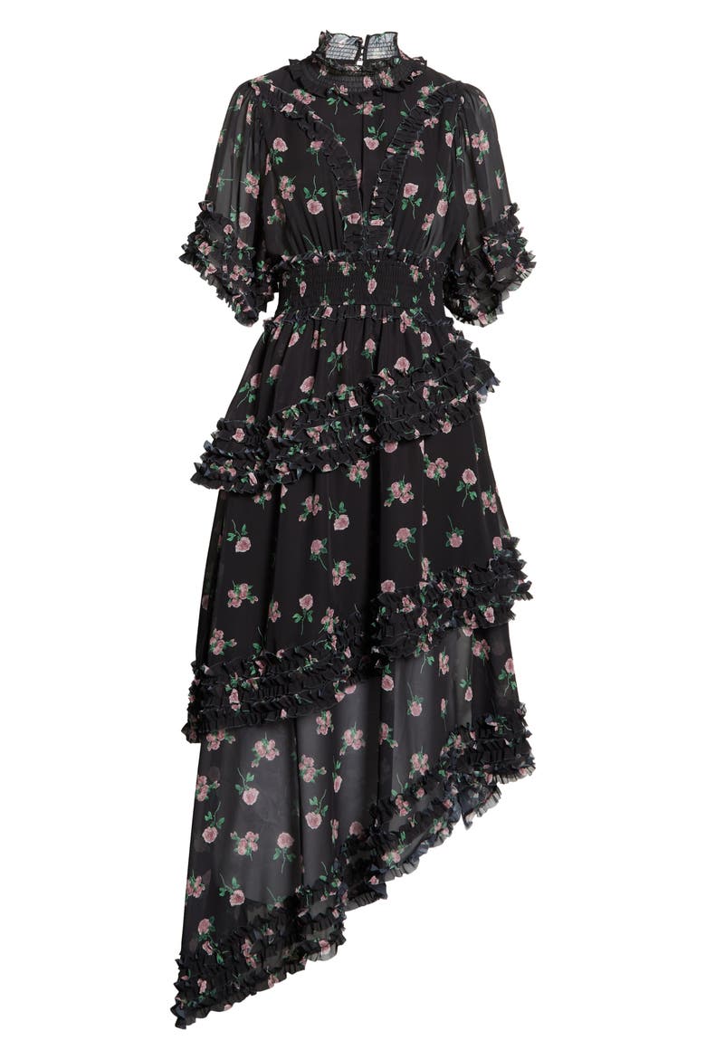 Rose Print Ruffle Maxi Dress, Alternate, color, BLACK