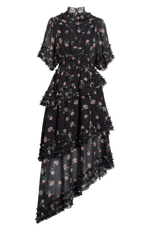 Sister Jane Rose Print Ruffle Maxi Dress In Black