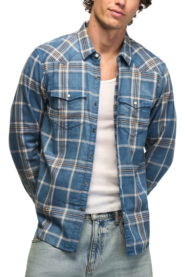 Mesa Plaid Cotton Snap-Up Western Shirt, Main, color, INDIGO BLUE PLAID