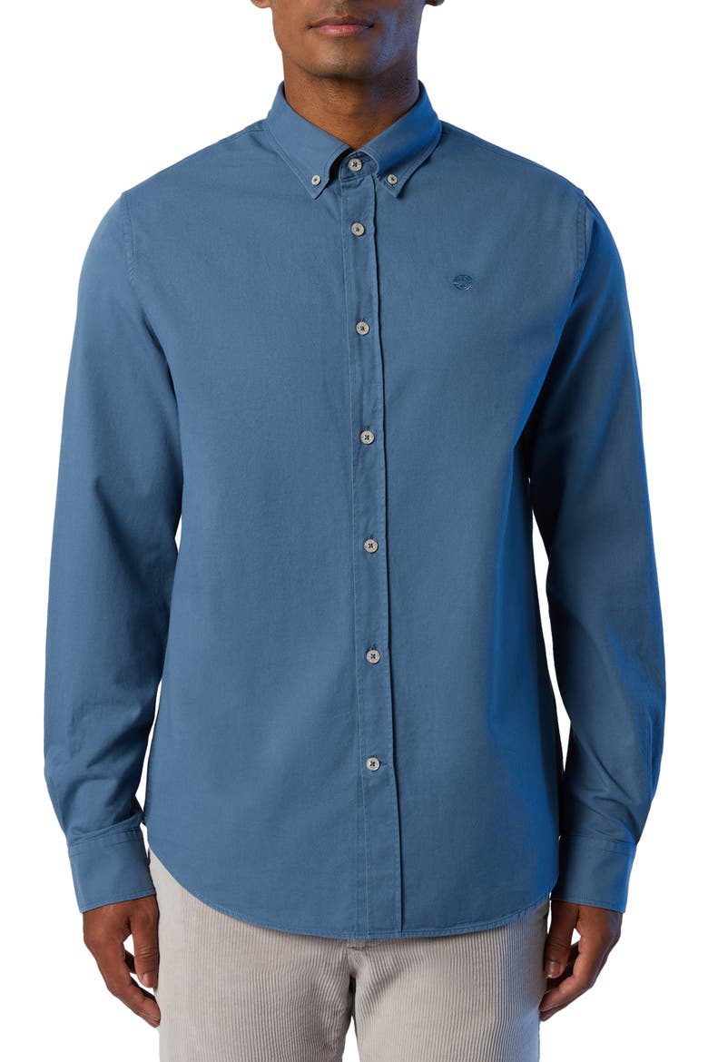 Logo Embroidered Cotton Gabardine Button-Down Shirt, Main, color, WINTER SEA