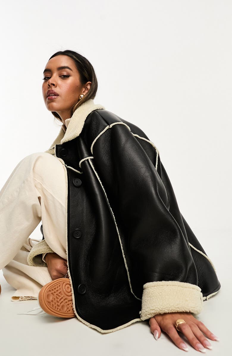 ASOS DESIGN Faux Leather & Faux Shearling Shacket, Alternate, color, 