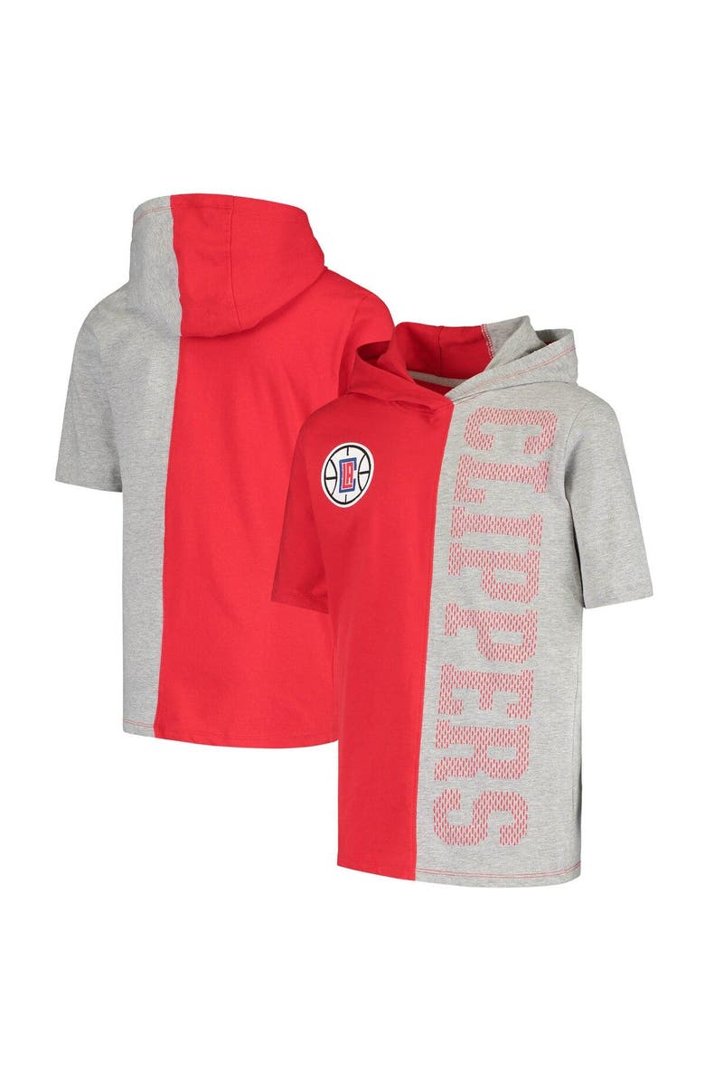 Outerstuff Youth Heathered Gray/Red LA Clippers Posterize Short Sleeve Pullover Hoodie, Main, color,
