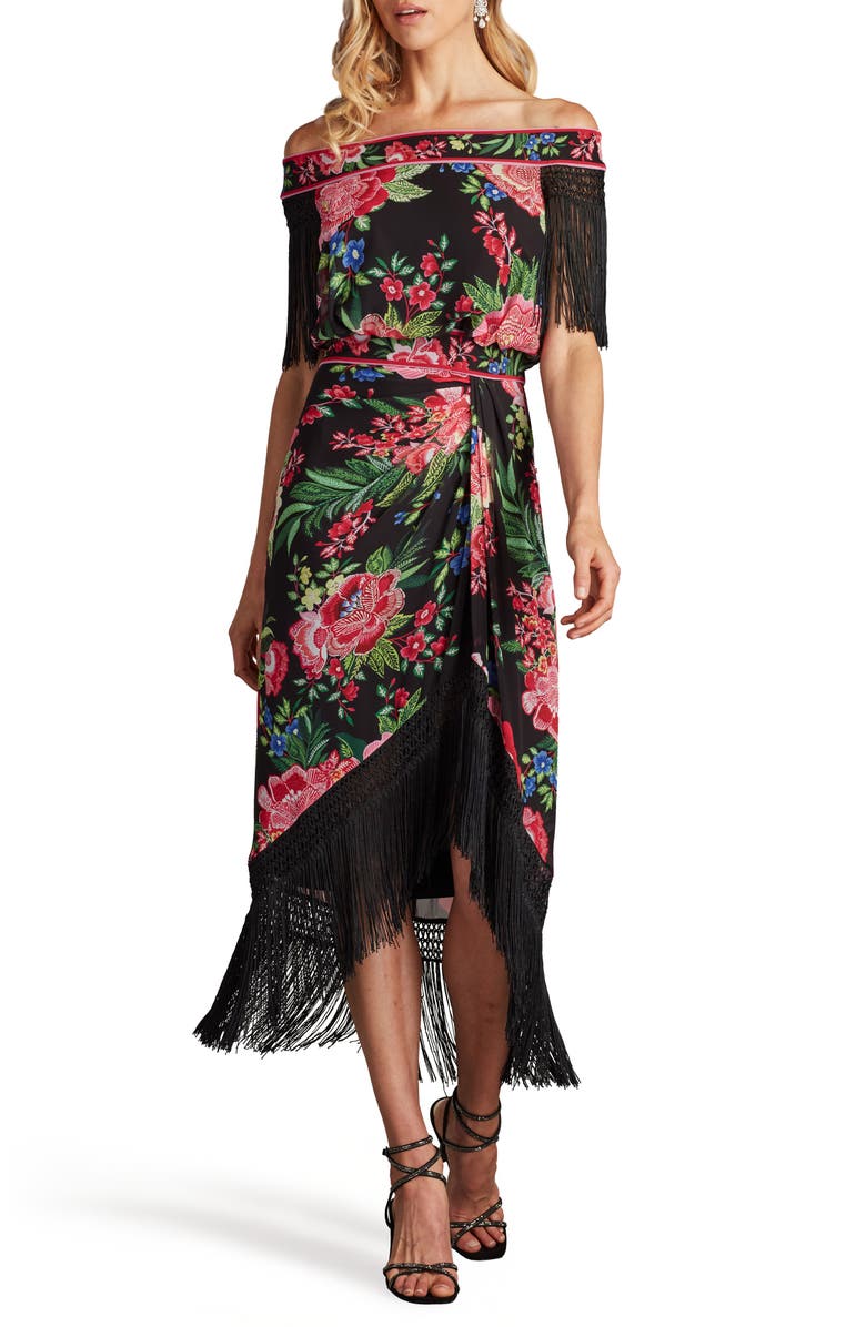 Tadashi Shoji Floral Off the Shoulder Fringe Detail Midi Dress, Alternate, color, Black/ Fuchsia Floral