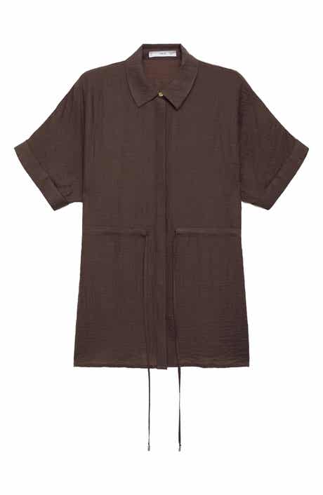 MANGO Short Sleeve Lyocell Blend Button-Up with Adjustable Drawstring Waist