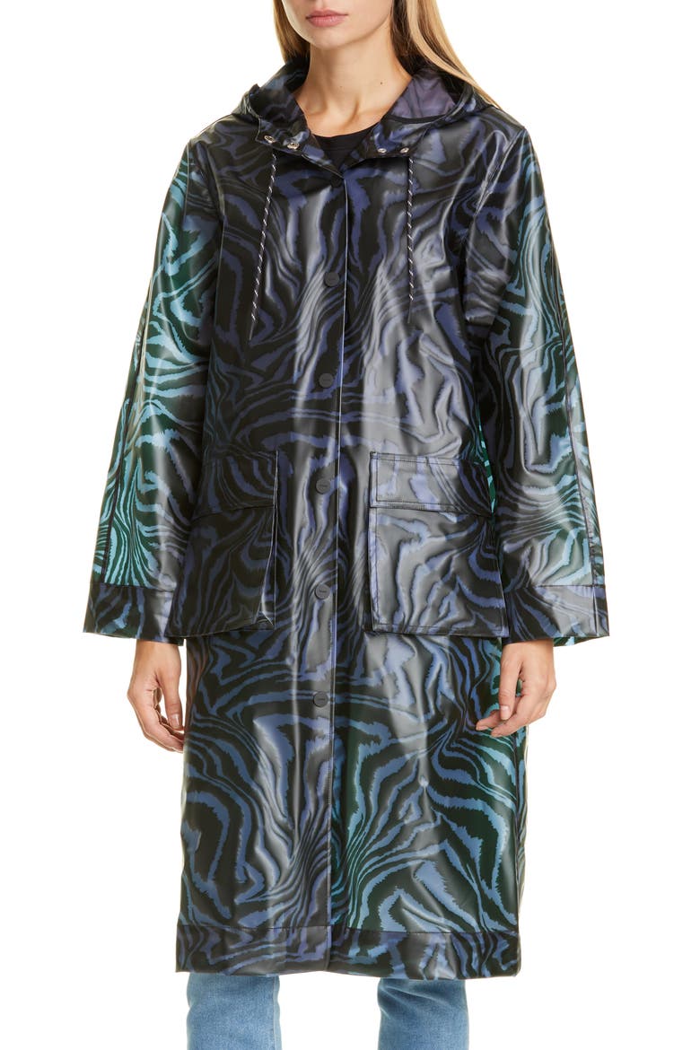 Tiger Print Water Repellent Biodegradable Raincoat, Main, color, FOREVER BLUE