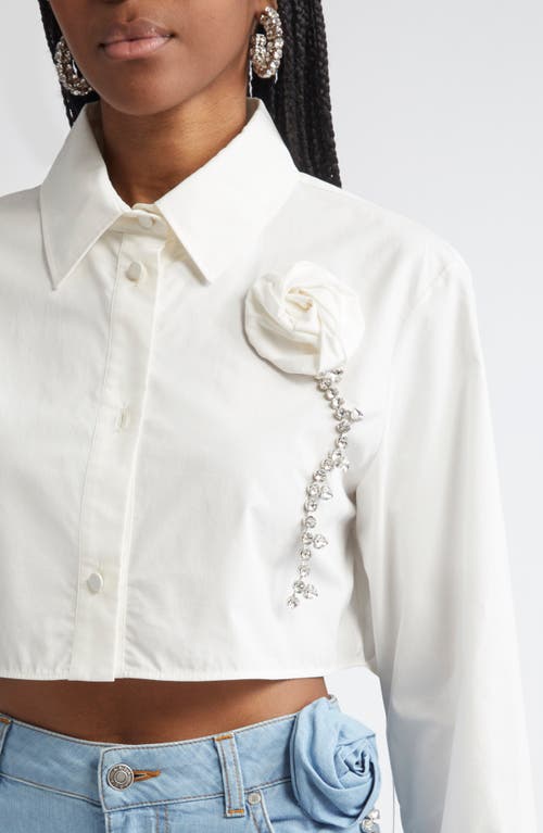 Area Crystal Rosette Crop Poplin Button-up Shirt In Off White