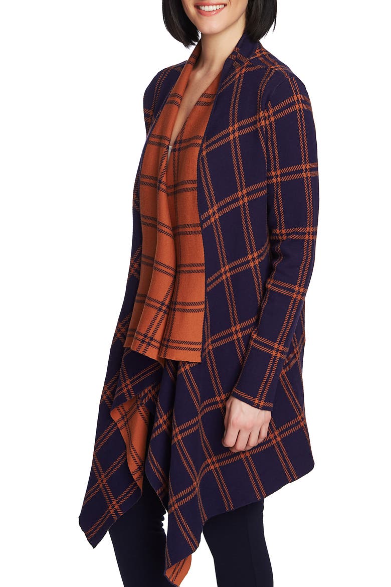 Plaid Long Double Knit Cardigan, Alternate, color, EVENING NAVY