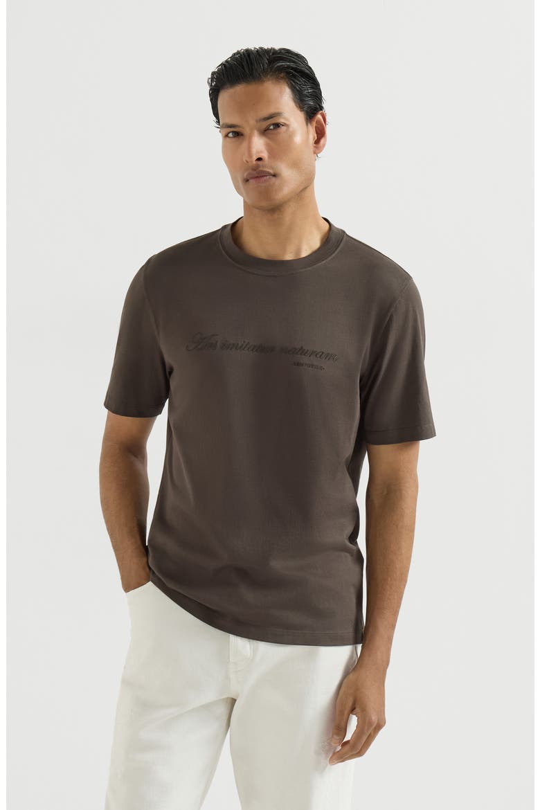 Cotton jersey crew-neck T-shirt with embroidery and print, Main, color, Brown