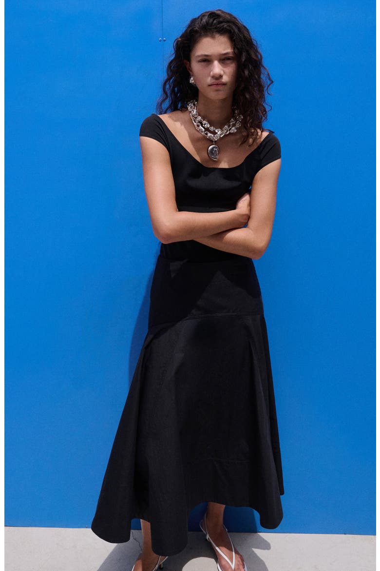 Stitching A-Line Maxi Skirt, Alternate, color, BLACK