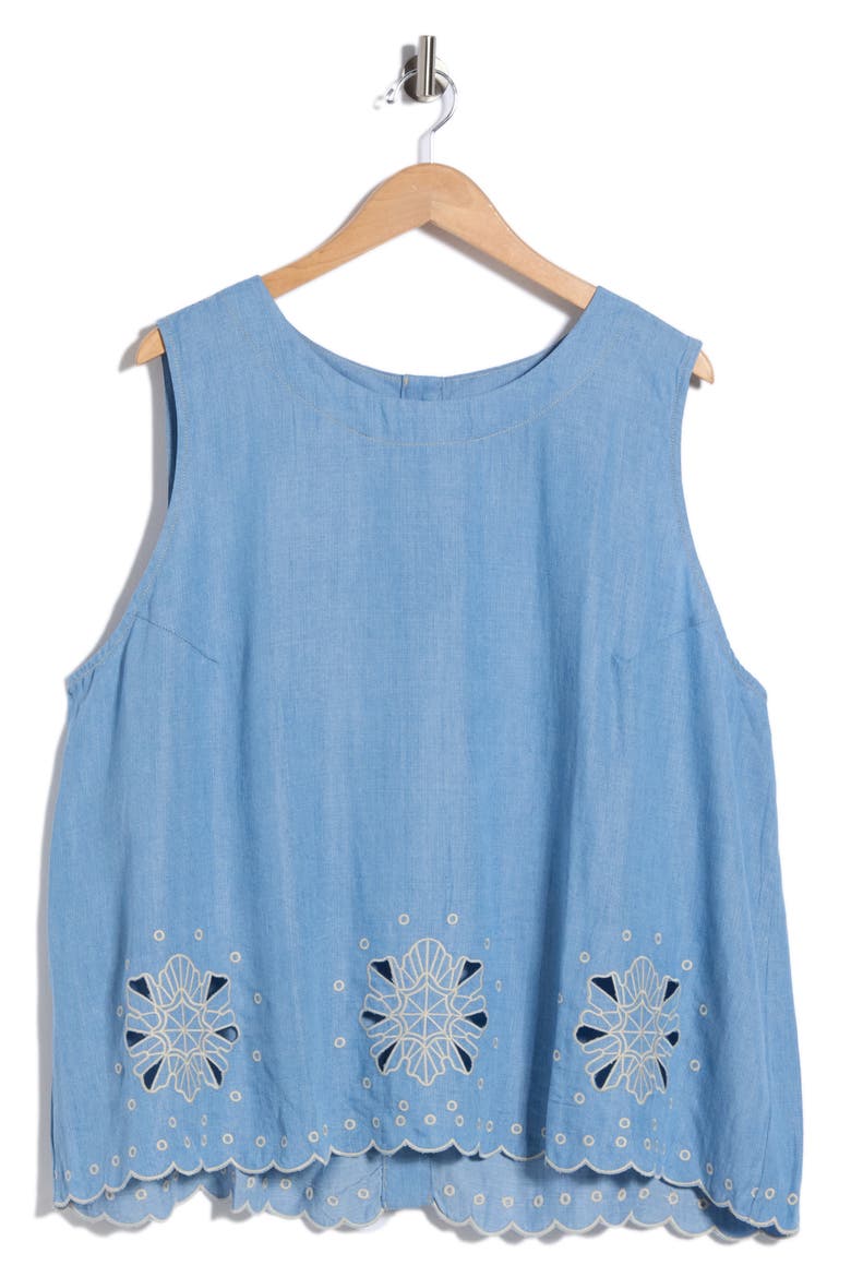 Embroidered Eyelet Hem Chambray Shell, Alternate, color, WASHED DENIM/ CREAM