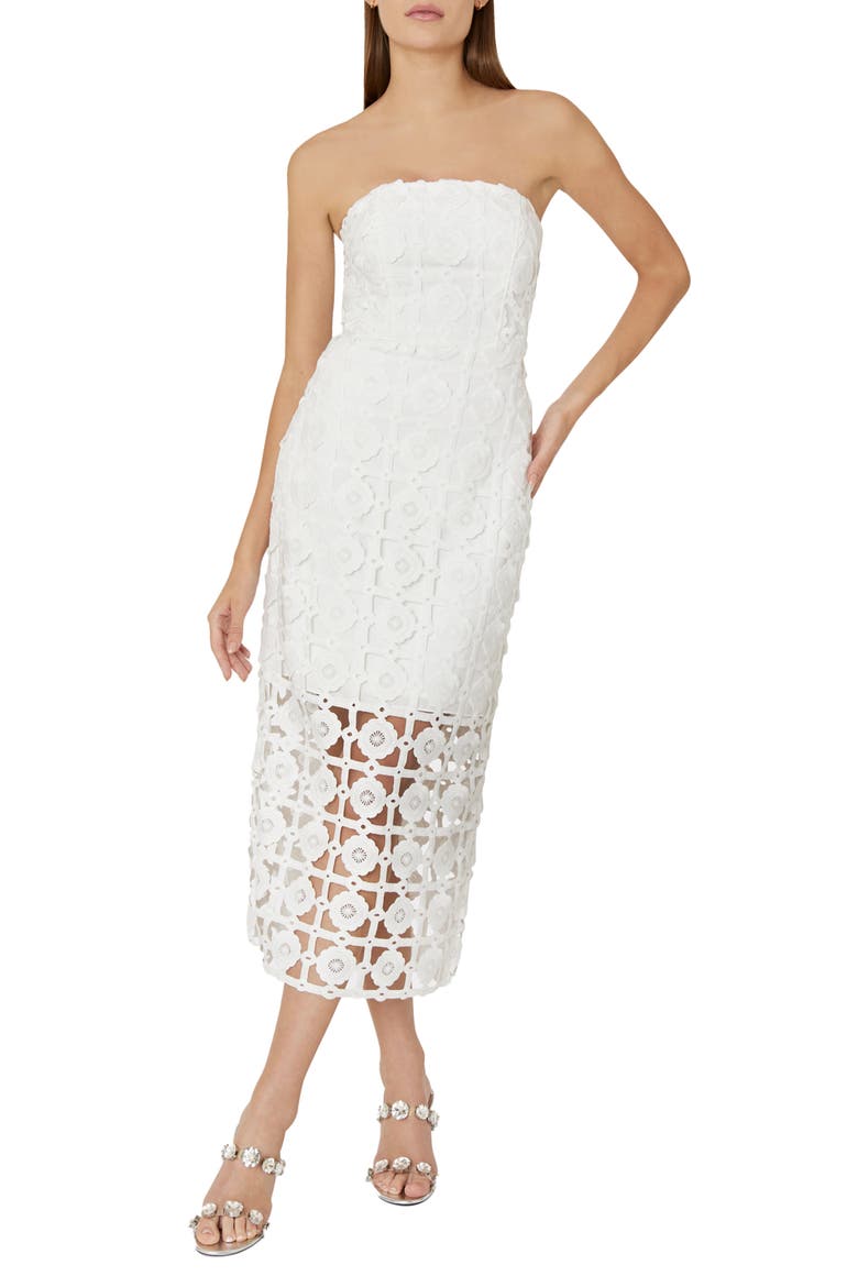 Kait Strapless Tile Lace Midi Dress, Main, color, WHITE