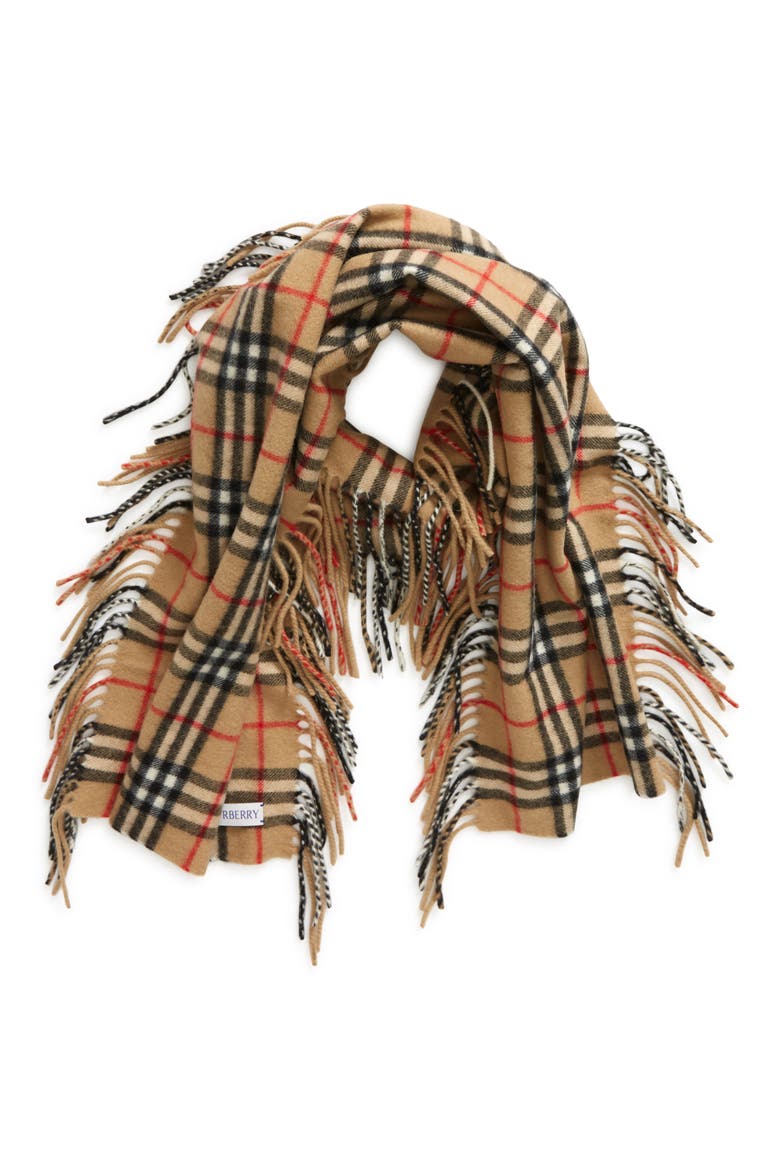 Check Fringed Cashmere Scarf, Alternate, color, ARCHIVE BEIGE
