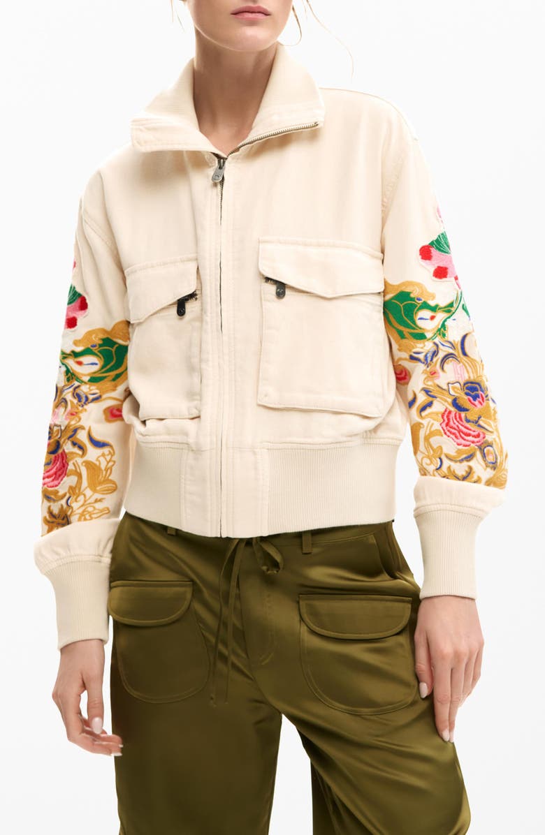 Desigual Embroidered Sleeve Detail Jacket, Main, color, Light Beige