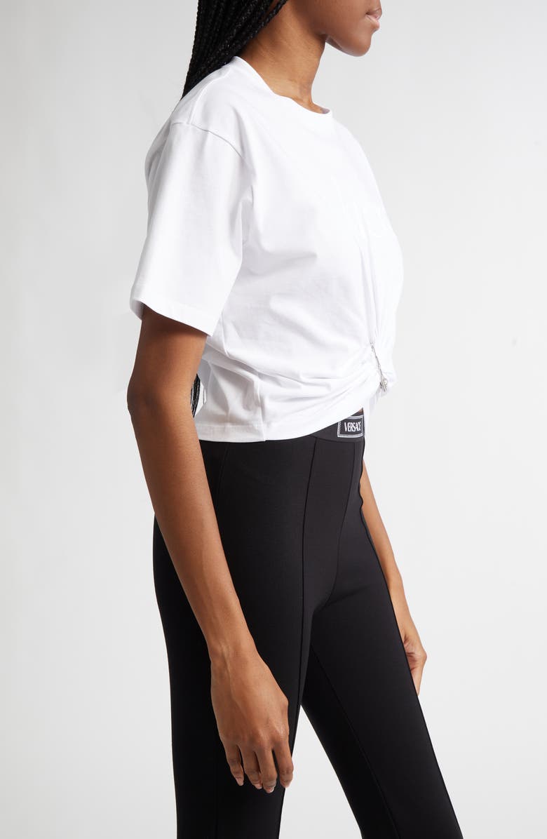 Versace Embroidered Logo Safety Pin Crop Cotton T-Shirt, Alternate, color, Optical White