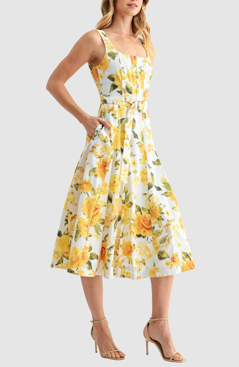 Mila Mae Belted Sleeveless Fit & Flare Midi Dress, Alternate, color, Yellow Floral