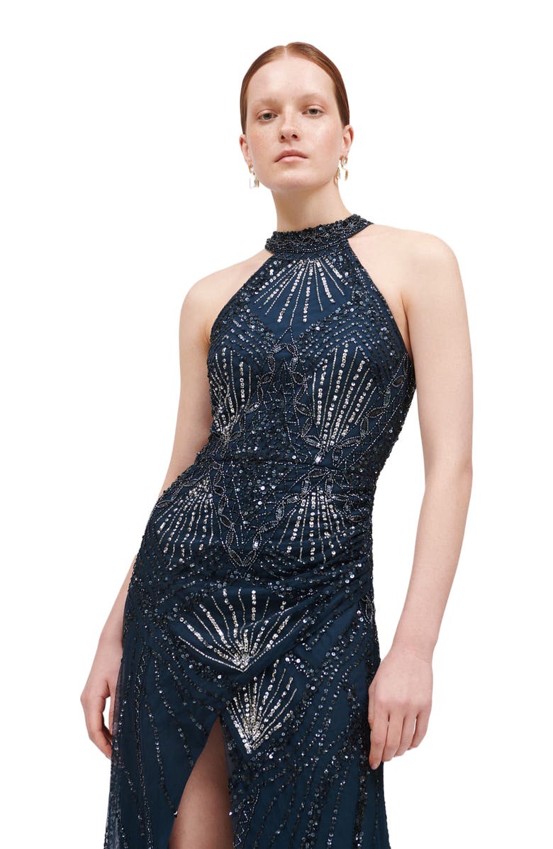 BEAUUT Occasion Embellished Sequin Beaded Halter Neck Evening Maxi Dress, Alternate, color, Navy