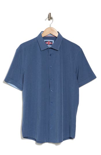 Soul Of London Microfiber Stretch Short Sleeve Button-down Shirt In Navy/marine