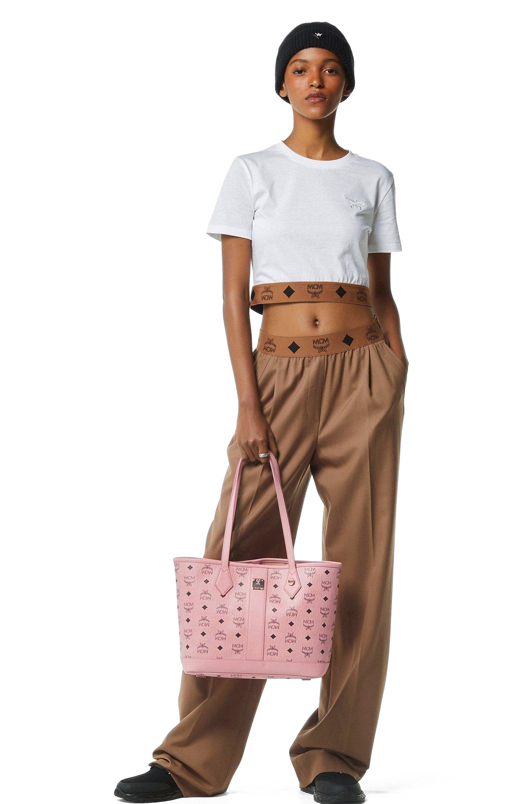 MCM New Small Liz Shopper in Visetos, Alternate, color, Soft Pink