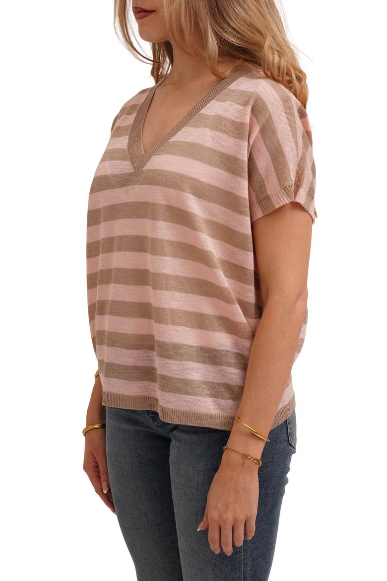 Striped V Neck Cap Sleeve Sweater, Alternate, color, TAUPE/ LACE PINK