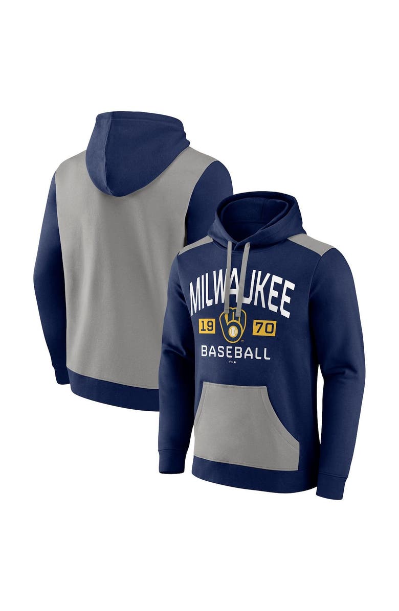 FANATICS Men's Fanatics Branded Navy/Gray Milwaukee Brewers Chip In Team Pullover Hoodie, Alternate, color, 