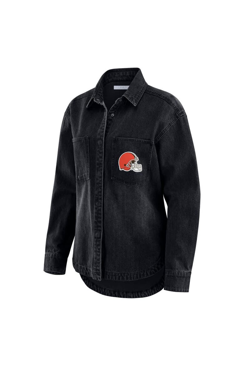 Women's WEAR by Erin Andrews Black Cleveland Browns Washed Oversized Denim Full-Snap Shacket, Alternate, color, Black
