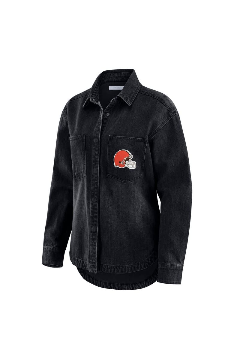 WEAR by Erin Andrews Women's WEAR by Erin Andrews Black Cleveland Browns Washed Oversized Denim Full-Snap Shacket, Alternate, color, Black
