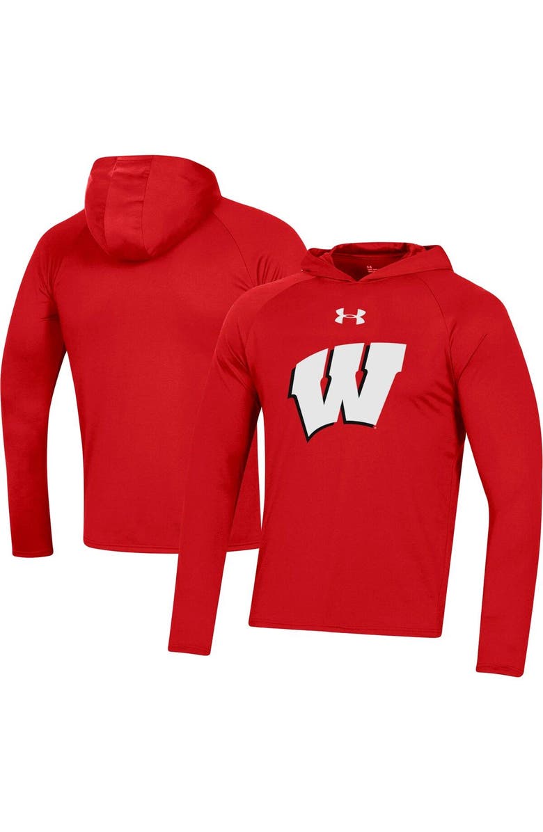 Under Armour Men's Under Armour  Red Wisconsin Badgers School Logo Raglan Long Sleeve Hoodie Performance T-Shirt, Main, color, 