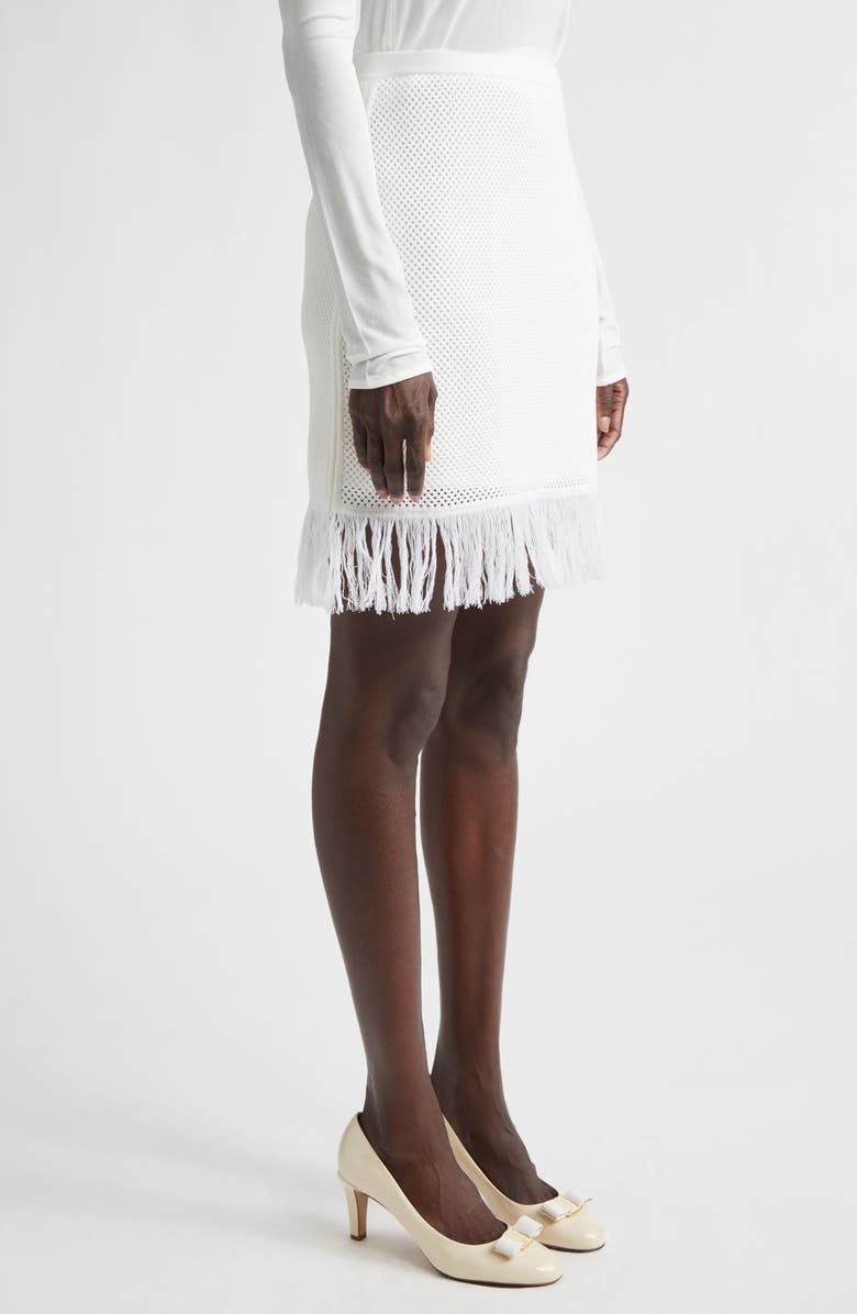 FERRAGAMO Open Knit Fringe Short Sleeve Virgin Wool Sweater Skirt, Alternate, color, White