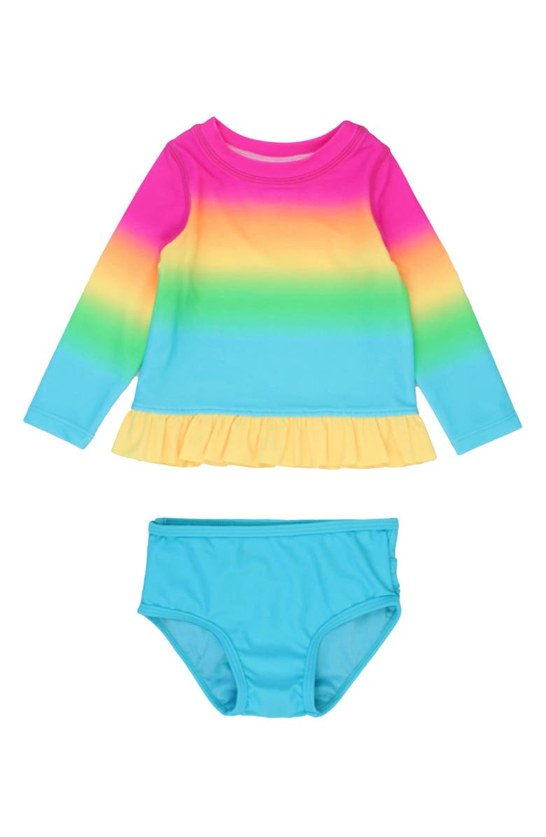 RuffleButts Kids' Neon Sunset Long Sleeve Two-Piece Rashguard Swimsuit, Main, color, Orange