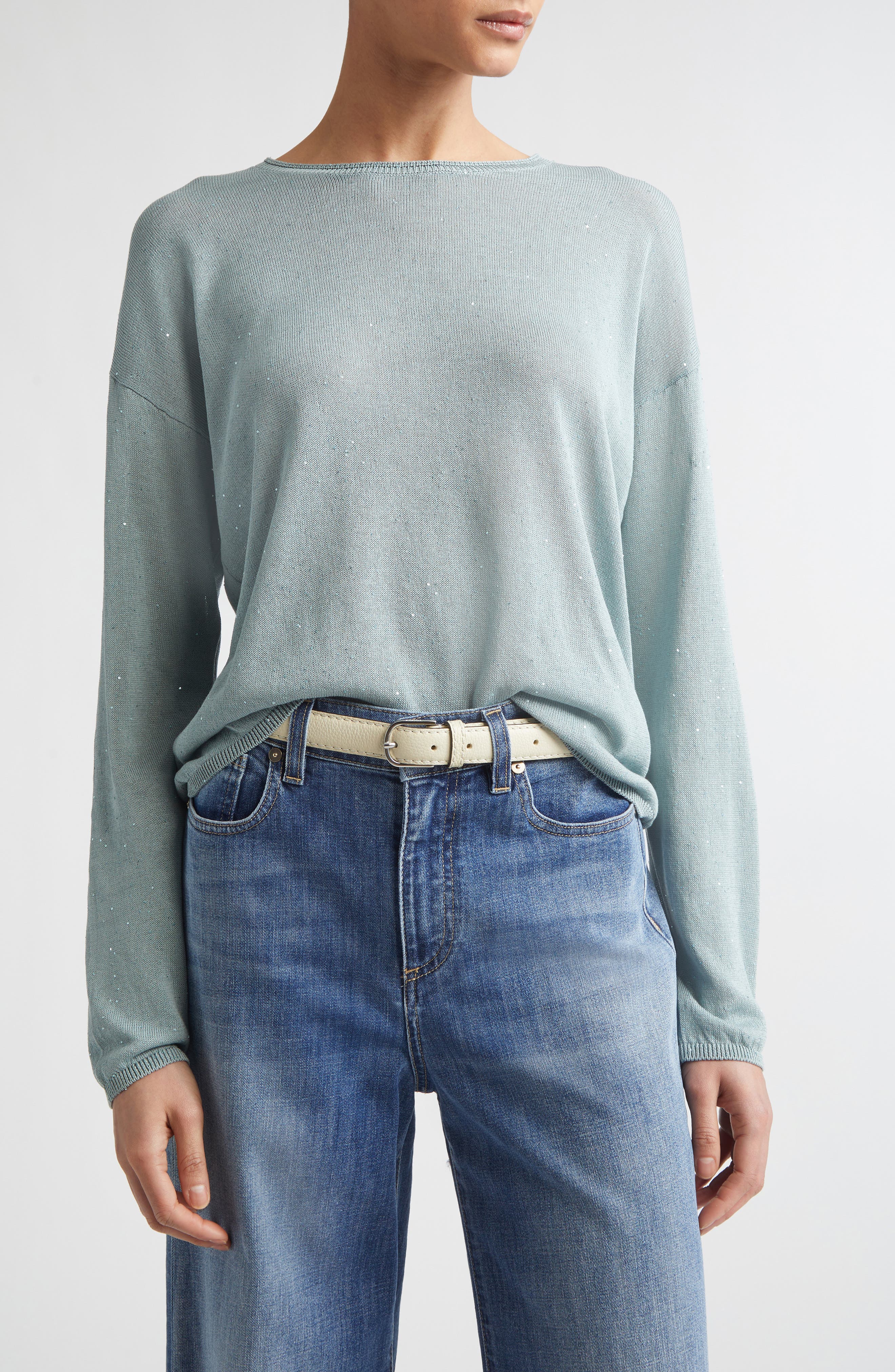 Sequin Silk & Cotton Crewneck Sweater