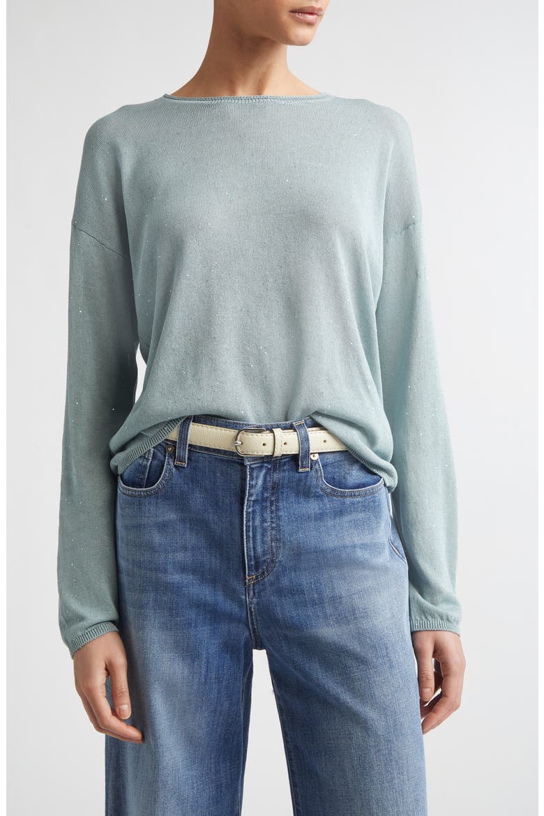 Sequin Silk & Cotton Crewneck Sweater, Main, color, 175 JADE