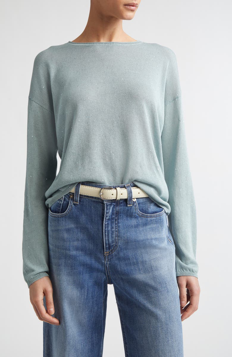 Eleventy Sequin Silk & Cotton Crewneck Sweater, Main, color, 175 Jade