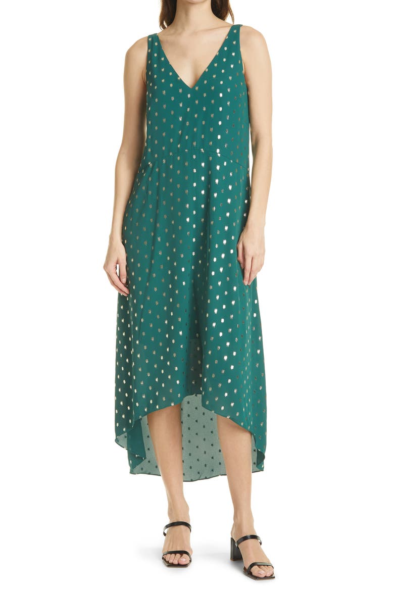 Cami Metallic Dot Sleeveless High/Low Shift Dress, Main, color, GREEN