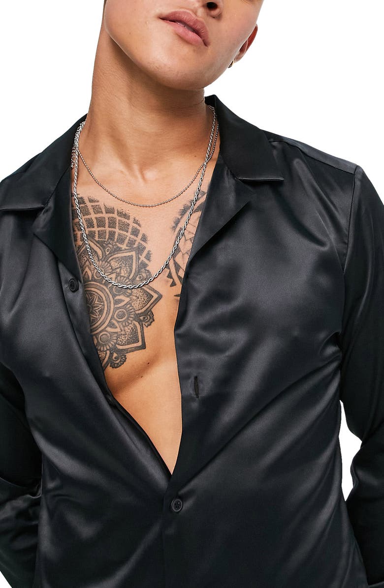 ASOS DESIGN Slim Fit Satin Shirt, Alternate, color, 