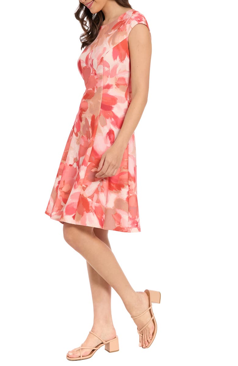 London Times Floral Cap Sleeve Fit & Flare Dress, Alternate, color, Ivory/ Coral