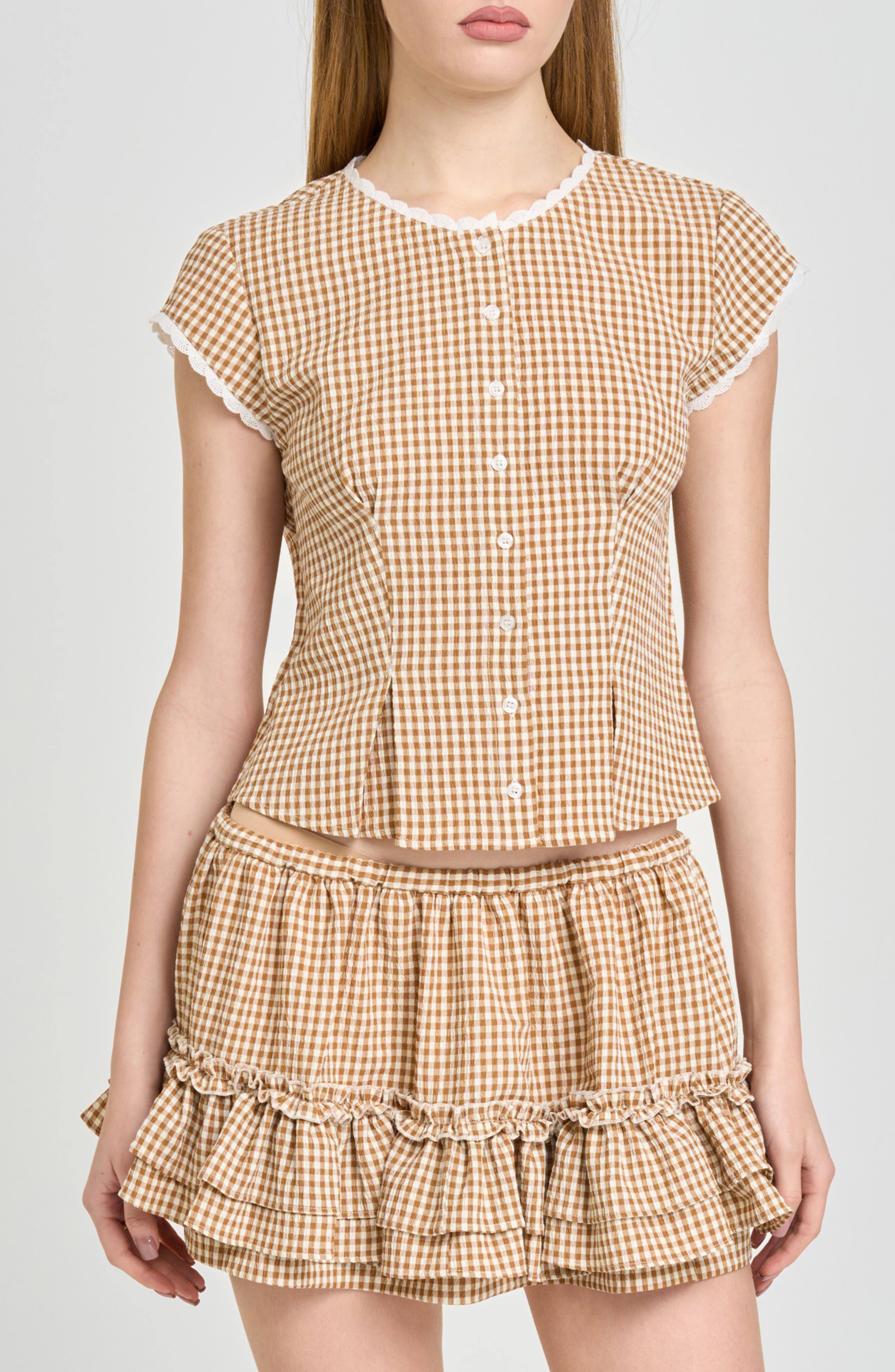 Aria Gingham Crop Button-Up Top