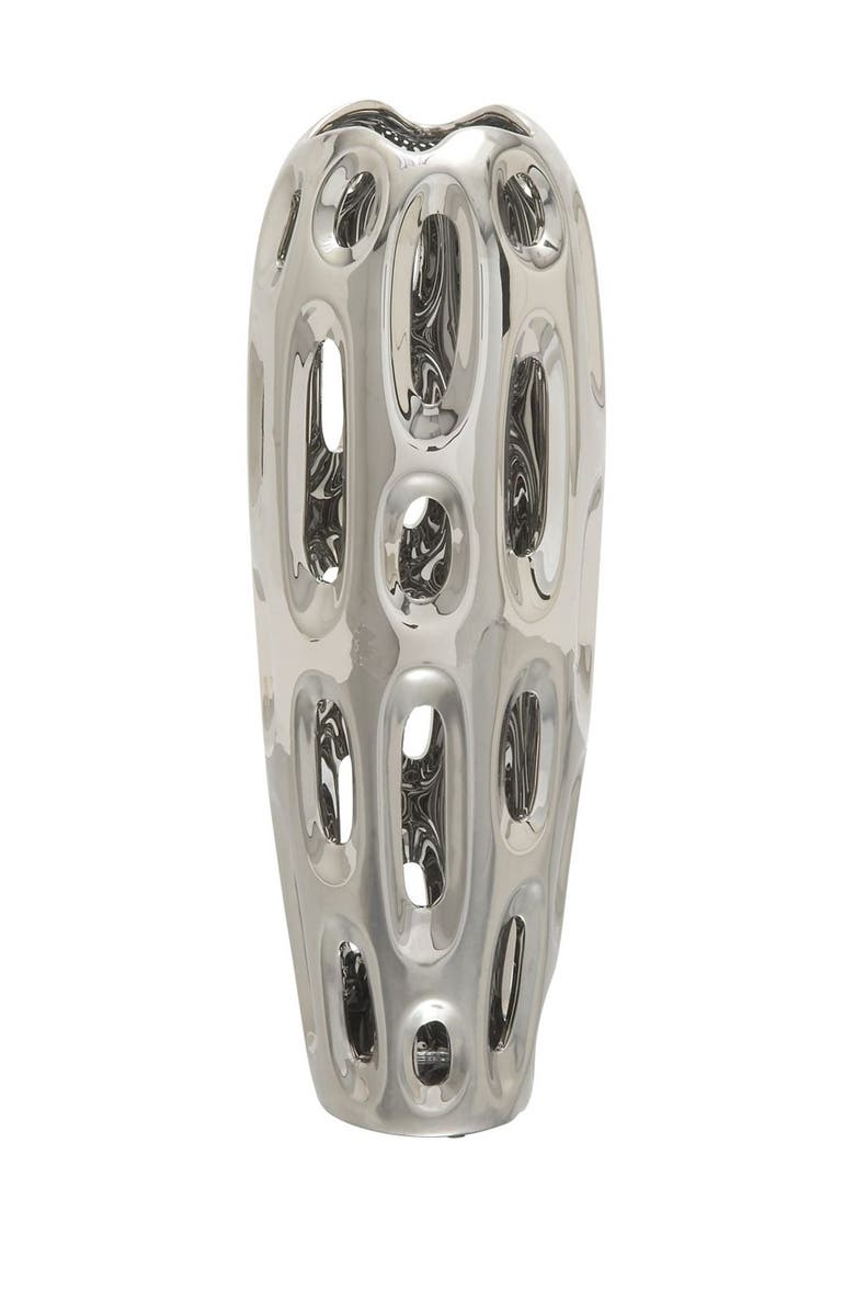 VIVIAN LUNE HOME Silvertone Ceramic Vase with Cut Out Designs, Main, color, Silver
