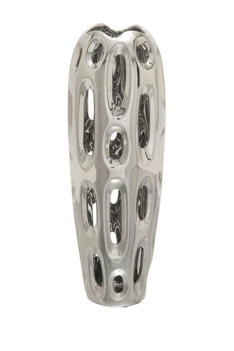 Silvertone Ceramic Vase with Cut Out Designs