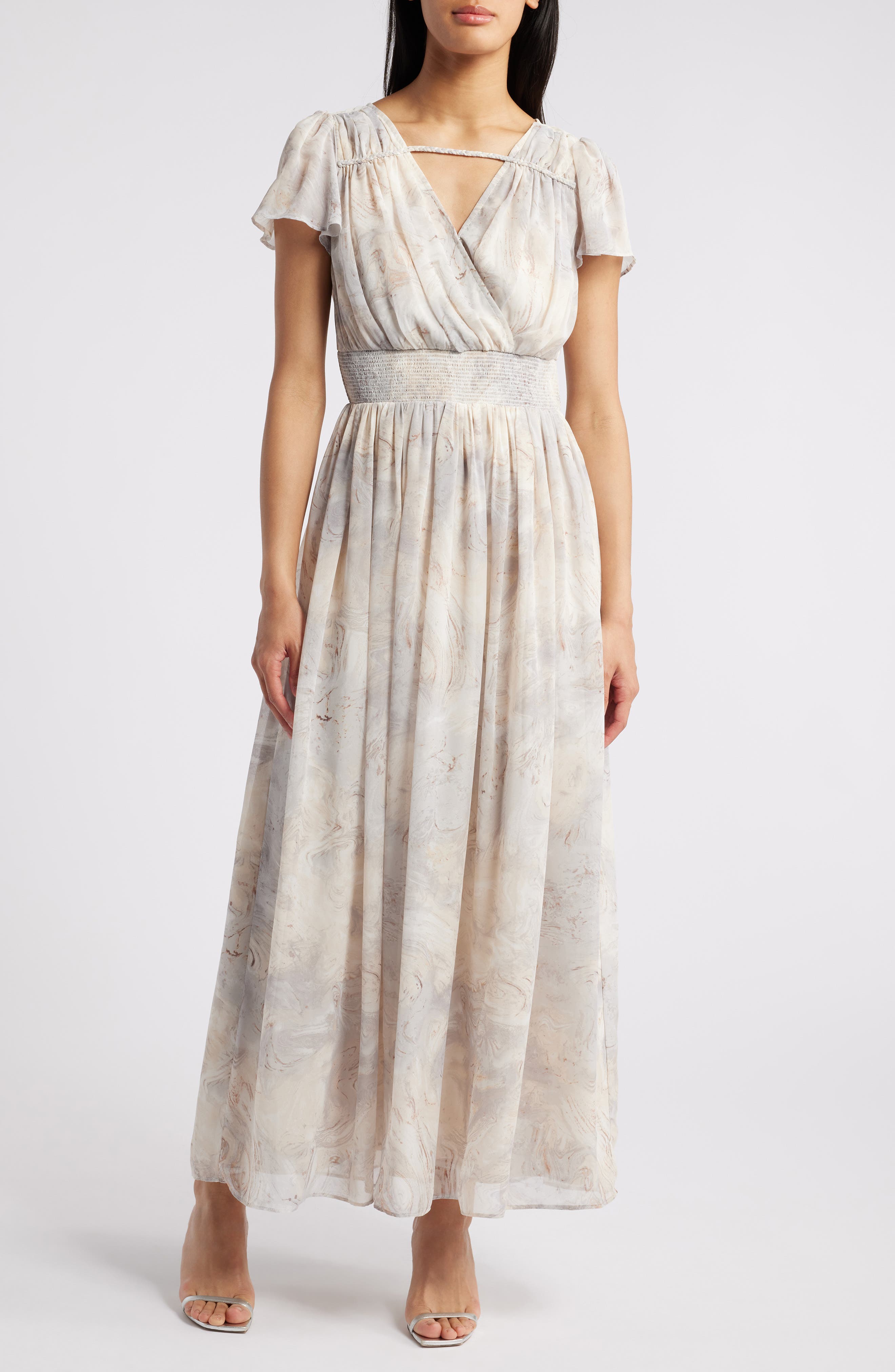 ZOE AND CLAIRE Floral Flutter Sleeve Maxi Dress in Cream Multi 