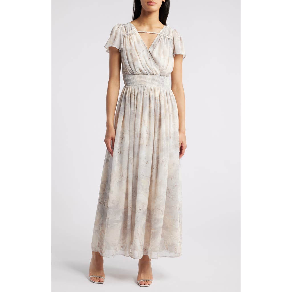 ZOE AND CLAIRE Floral Flutter Sleeve Maxi Dress in Cream Multi